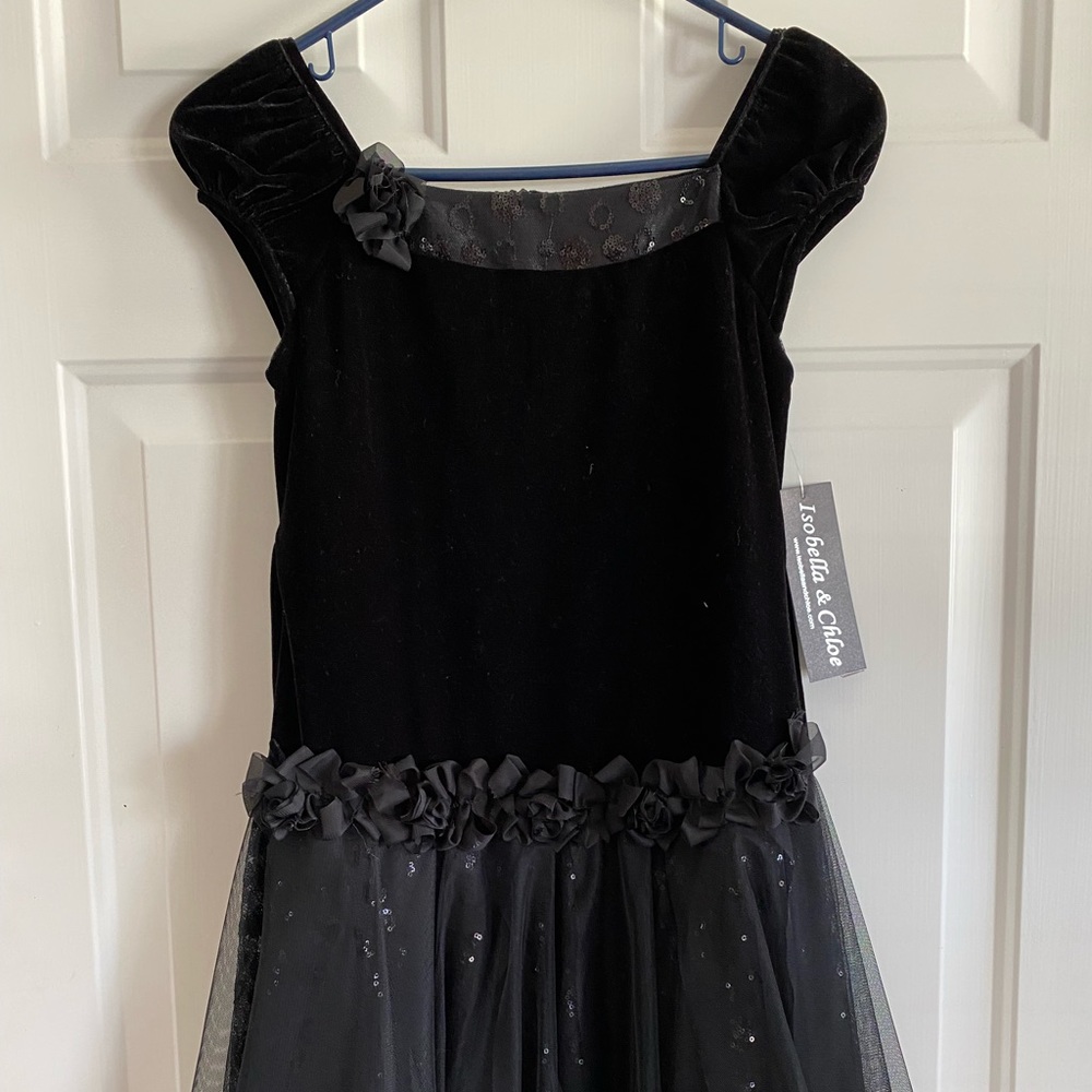 Black velour top, flowy lacy skirt dress NWT